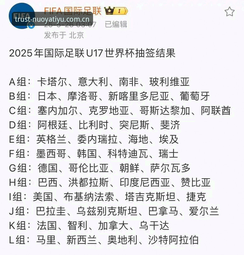 U17世界杯抽签结果详解：中国男女足分组情况与诺亚体育平台观赛指南